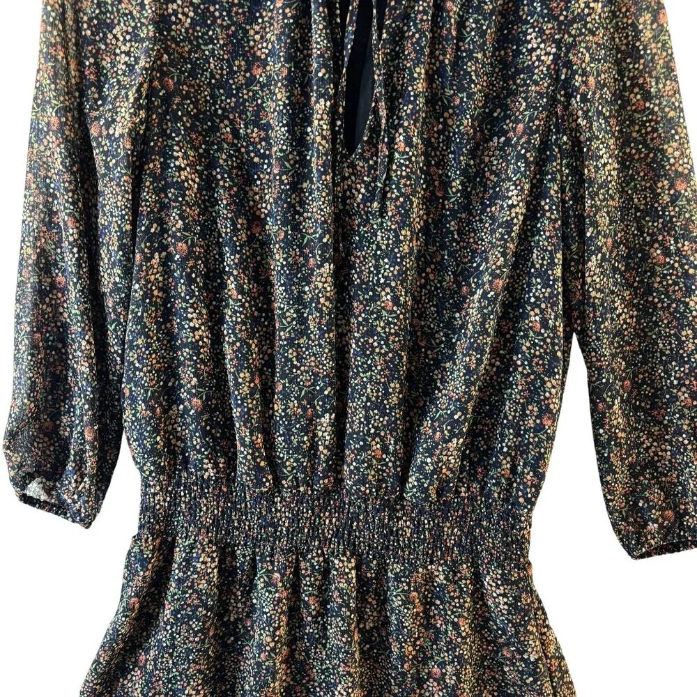 Floral Smocked Waist Mini Dress With 3/4 Sleeves & Ruffled Neckline By J Crew Me - Picture 7 of 12